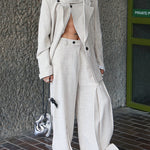 Beige Textured Three-Piece Set – Oversized Blazer, Crop Vest & Wide-Leg Trousers