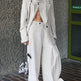 Beige Textured Three-Piece Set – Oversized Blazer, Crop Vest & Wide-Leg Trousers