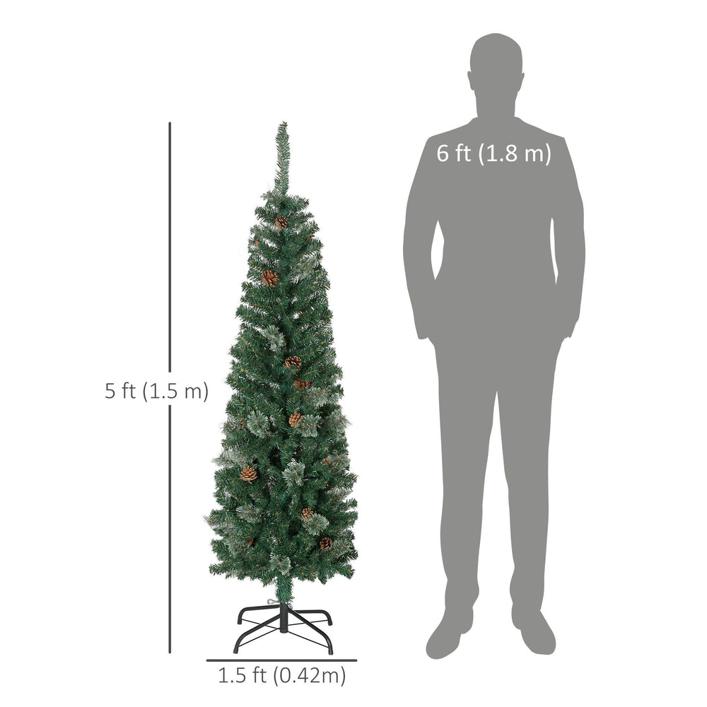 5ft Pencil Christmas Tree, Artificial Christmas With Pine Needles, Realistic Branches, Pine Cones, Metal Base, Green EX-STOCK Canada 
