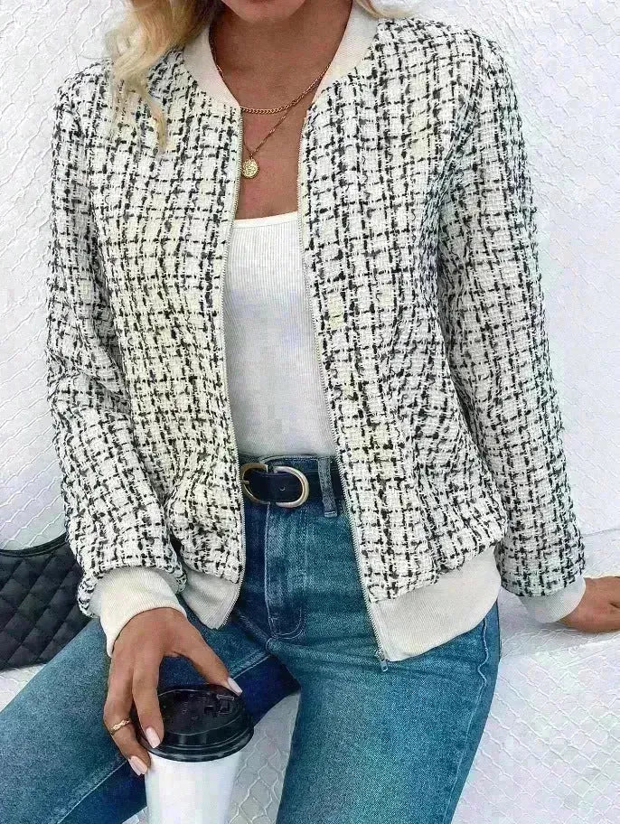 Autumn Winter Casual Long Sleeve plaid Houndstooth  zipper outwear jacket women