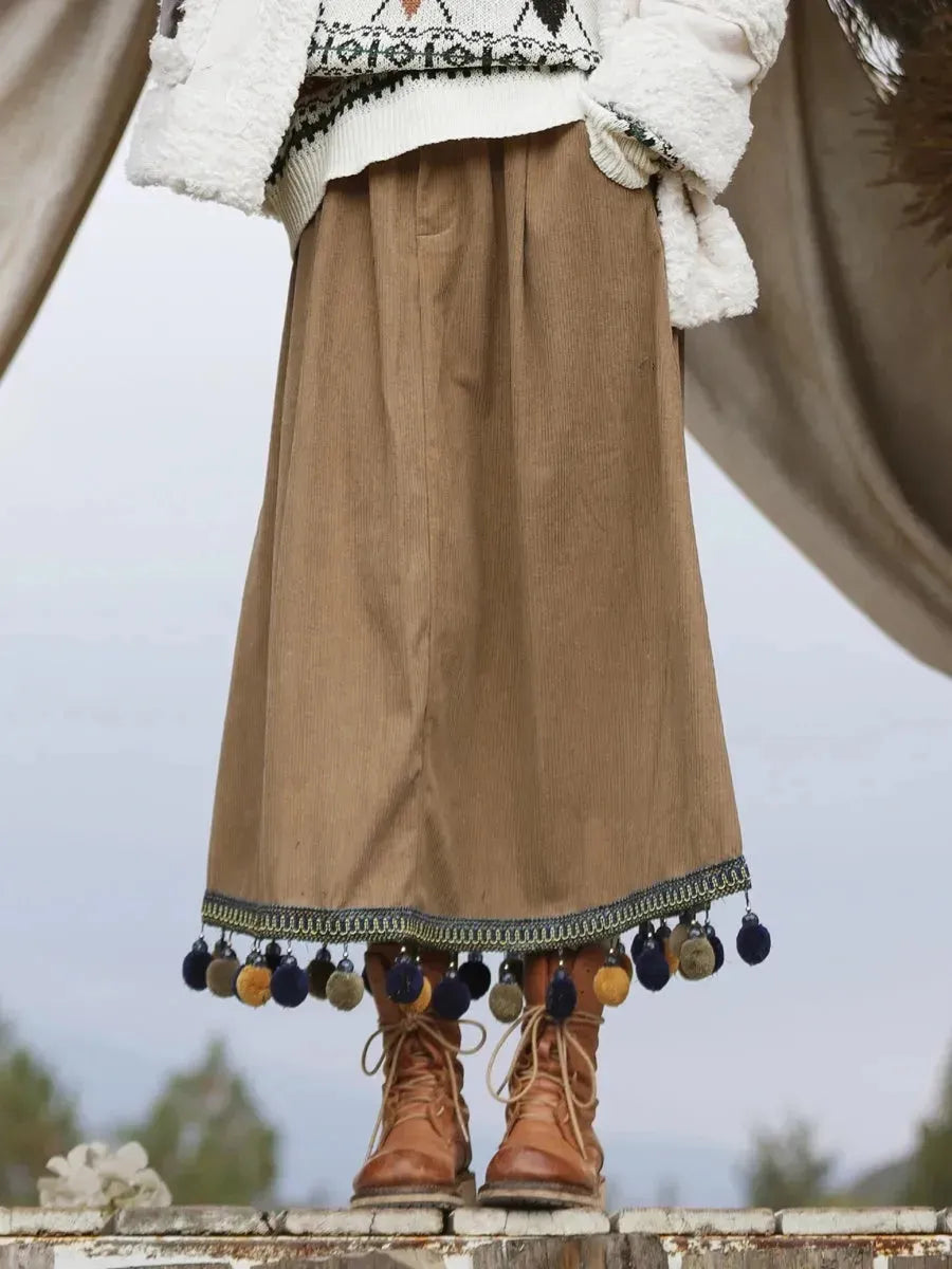Corduroy Ethnic Style Fur Ball Stitching Brown High Waist Tassel Versatile Maxi Skirt - EX-STOCK CANADA