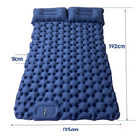 Blue inflatable camping mattress with dimensions on a white background