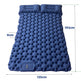 Blue inflatable camping mattress with dimensions on a white background