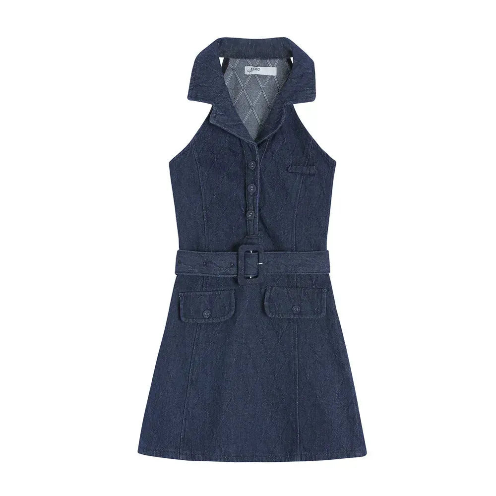 Mini Sleeveless Sheath Denim jeans halter neck Dress - EX-STOCK CANADA