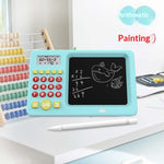 Educational toy with digital display and drawing pad on a desk, featuring arithmetic and painting activities.