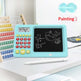 Educational toy with digital display and drawing pad on a desk, featuring arithmetic and painting activities.