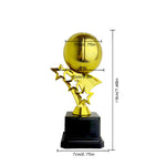 A gold trophy with a basketball-shaped top, star-shaped supports, and a black rectangular base, shown on a white background with measurement lines and text indicating dimensions.