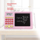 Pink educational device with calculator and blackboard on a white surface