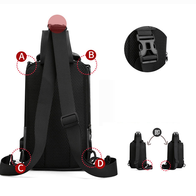 Black backpack with labeled features on a white background