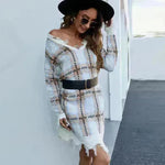 Off shoulder V-neck Pullover Knitted Mini Plaid Sweater Dress - EX-STOCK CANADA