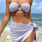 3pcs Solid Color Stripe Swimsuit Sexy Summer Beach Bikini Set Womens Clothing - EX-STOCK CANADA