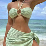 3pcs Solid Color Stripe Swimsuit Sexy Summer Beach Bikini Set Womens Clothing - EX-STOCK CANADA