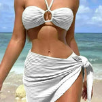 3pcs Solid Color Stripe Swimsuit Sexy Summer Beach Bikini Set Womens Clothing - EX-STOCK CANADA