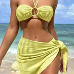 3pcs Solid Color Stripe Swimsuit Sexy Summer Beach Bikini Set Womens Clothing - EX-STOCK CANADA