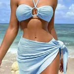 3pcs Solid Color Stripe Swimsuit Sexy Summer Beach Bikini Set Womens Clothing - EX-STOCK CANADA