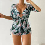 3pcs V-neck Swimsuit Suits Summer Leaf Print Waist-tie Bikini Fashion Long-sleeved Beach Sun-protection Clothing Womens - EX-STOCK CANADA