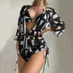 3pcs V-neck Swimsuit Suits Summer Leaf Print Waist-tie Bikini Fashion Long-sleeved Beach Sun-protection Clothing Womens - EX-STOCK CANADA