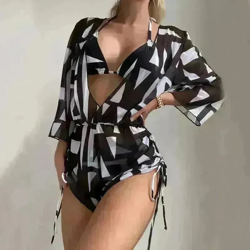 3pcs V-neck Swimsuit Suits Summer Leaf Print Waist-tie Bikini Fashion Long-sleeved Beach Sun-protection Clothing Womens - EX-STOCK CANADA