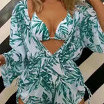 3pcs V-neck Swimsuit Suits Summer Leaf Print Waist-tie Bikini Fashion Long-sleeved Beach Sun-protection Clothing Womens - EX-STOCK CANADA