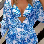 3pcs V-neck Swimsuit Suits Summer Leaf Print Waist-tie Bikini Fashion Long-sleeved Beach Sun-protection Clothing Womens - EX-STOCK CANADA