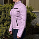 Women's Classic Lamb Leather Jacket. Round Collar with Studs, 4 Zippered Pockets & Shoulder Accent Stitching 