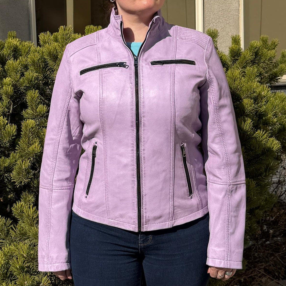 Women's Classic Lamb Leather Jacket. Round Collar with Studs, 4 Zippered Pockets & Shoulder Accent Stitching 