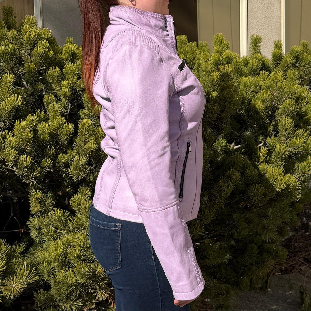 Women's Classic Lamb Leather Jacket. Round Collar with Studs, 4 Zippered Pockets & Shoulder Accent Stitching 