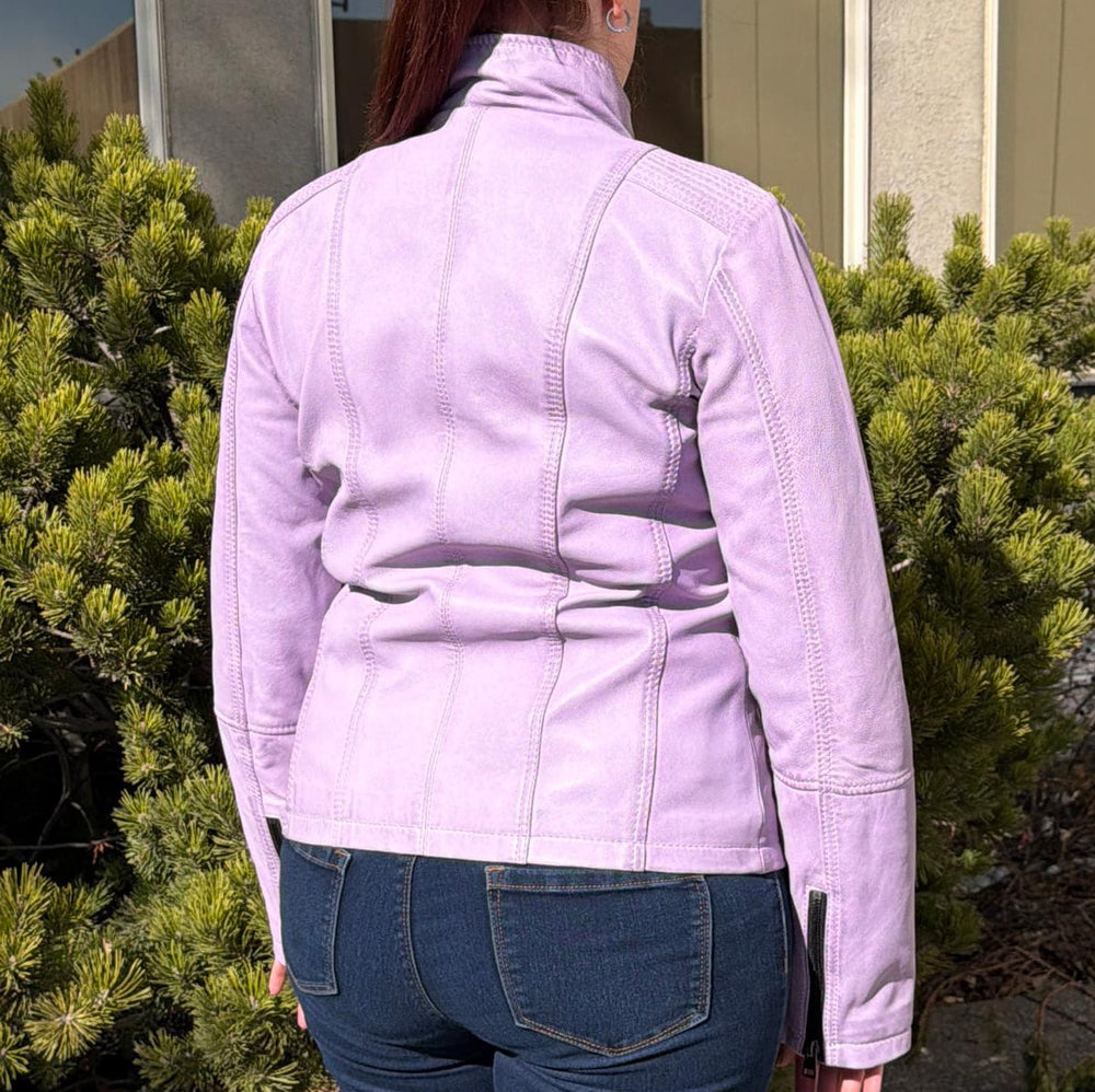 Women's Classic Lamb Leather Jacket. Round Collar with Studs, 4 Zippered Pockets & Shoulder Accent Stitching 