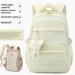 A pale cream-colored multi-layer backpack shown on a white background with feature callouts in text and a smaller inset view of the same bag. The backpack has a front zip pocket, side pockets, padded shoulder straps, and a small plush character charm attached to the front.