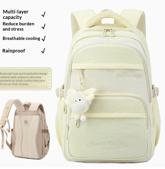 A pale cream-colored multi-layer backpack shown on a white background with feature callouts in text and a smaller inset view of the same bag. The backpack has a front zip pocket, side pockets, padded shoulder straps, and a small plush character charm attached to the front.