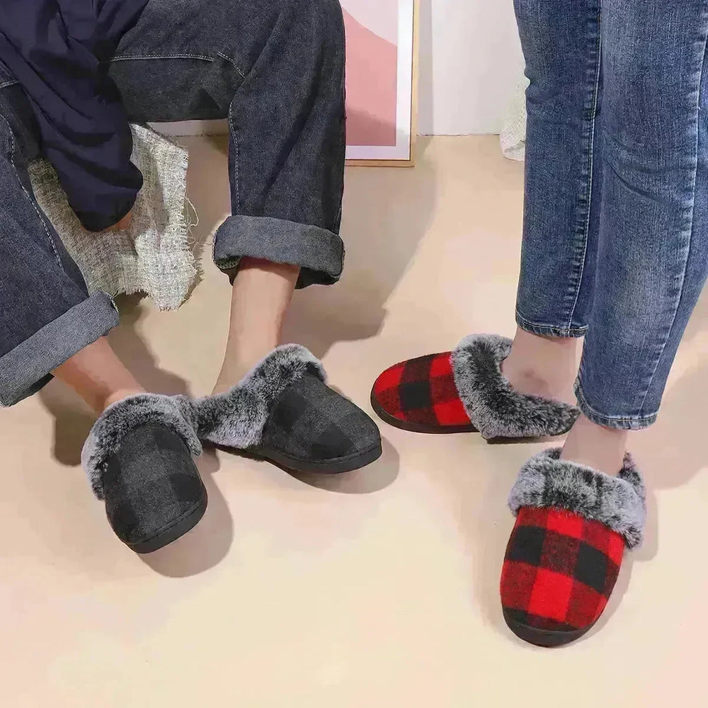 Winter Warm Plaid Plush Slippers Home Indoor Non-slip Bedroom Floor Soft Fuzzy Slipper For Couple Fashion Solid House Shoes - EX-STOCK CANADA