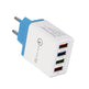 White and blue four-port USB charger on a white background