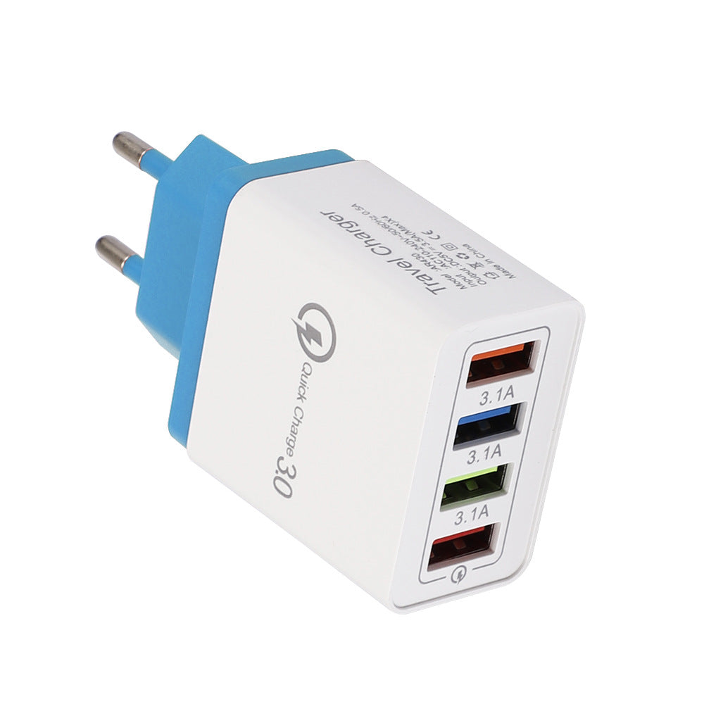 White and blue four-port USB charger on a white background