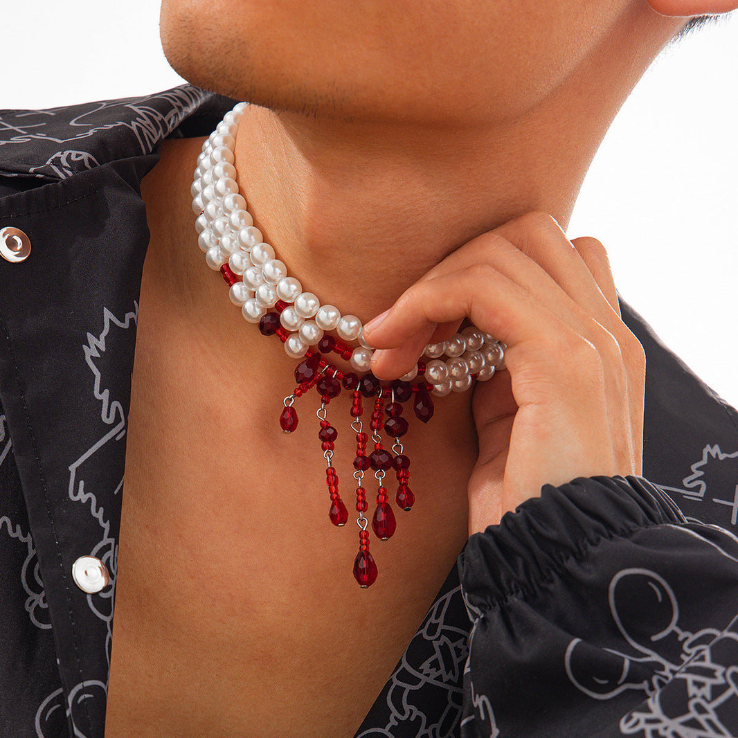 Halloween Blood Drop Tassel Pearl Crystal Necklace EX-STOCK