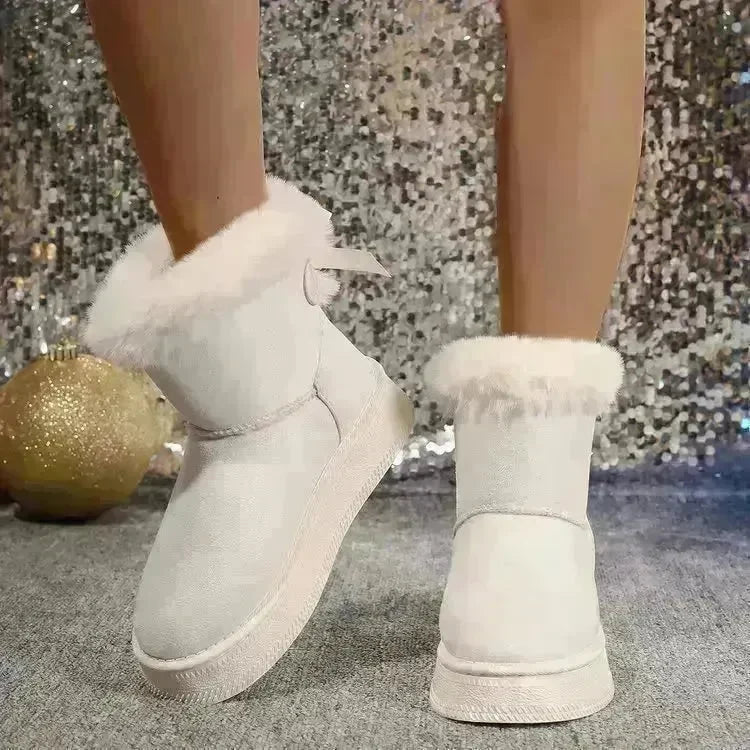 Winter Snow Boots With Bowknot Fashion Round Toe Flat Thickened Suede Cotton Shoes For Women Casual Warm Plush Short Boot - EX-STOCK CANADA