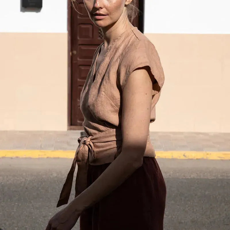 Casual Summer Lace-up Cotton Linen V-neck Top Short-sleeved blouse top women - EX-STOCK CANADA