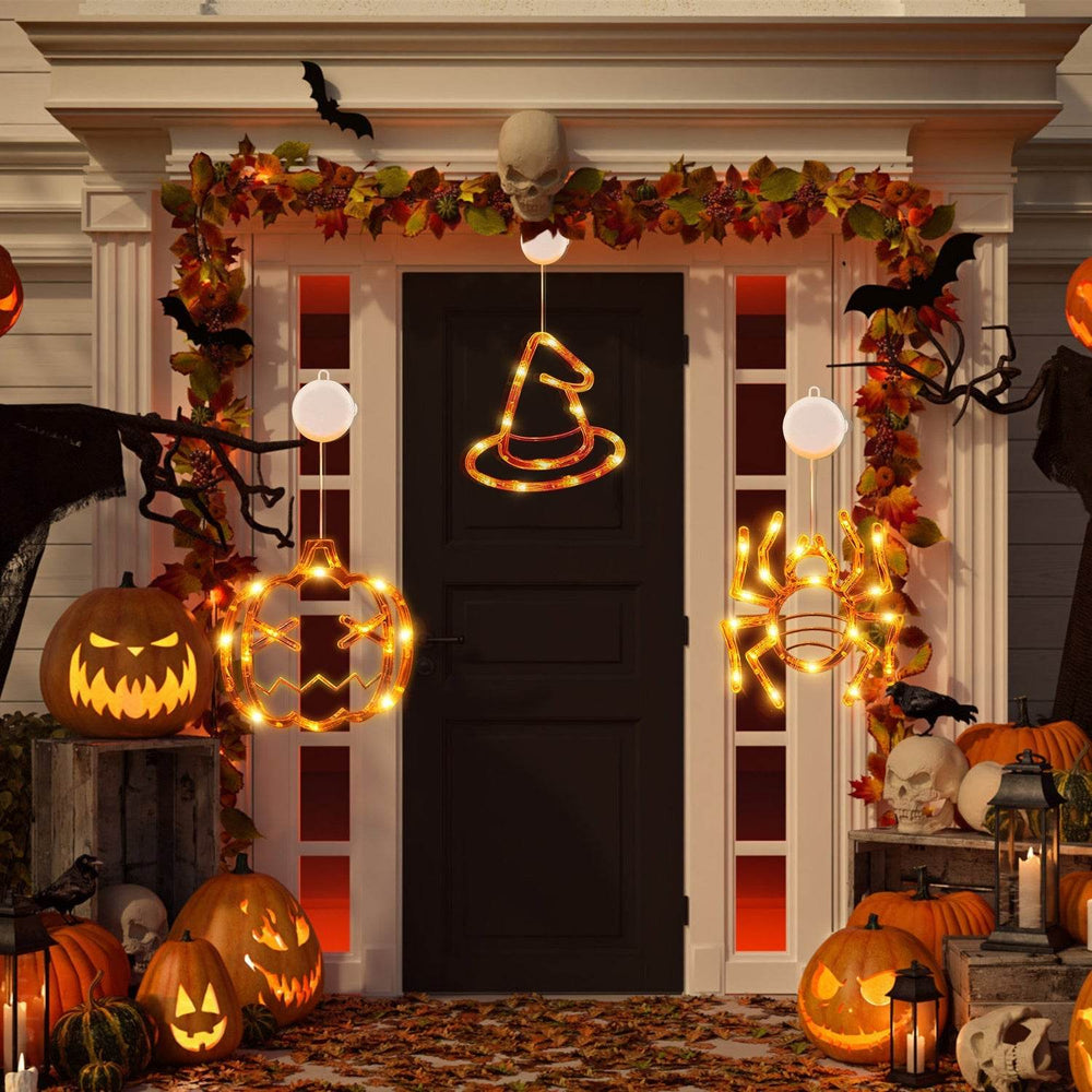 Set Of 3 Pack Halloween Window Light Spider Witch Hat Pumpkin With Orange Light Hanging Halloween Decoration Light With Suction Cup Hanging Holes - EX-STOCK Canada
