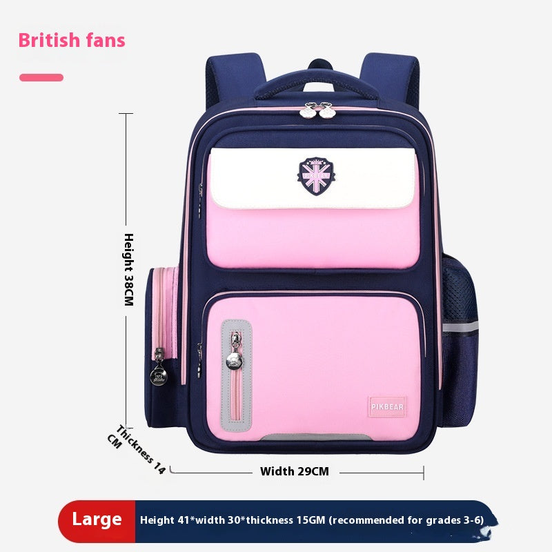 Navy and pink backpack with measurements on a white background