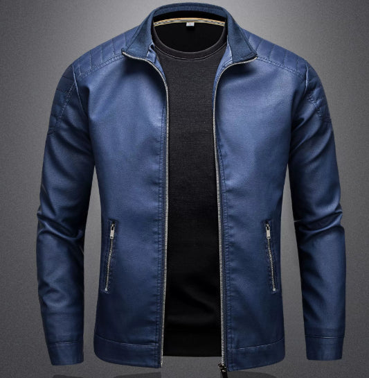 Blue jacket with black shirt on a gray background