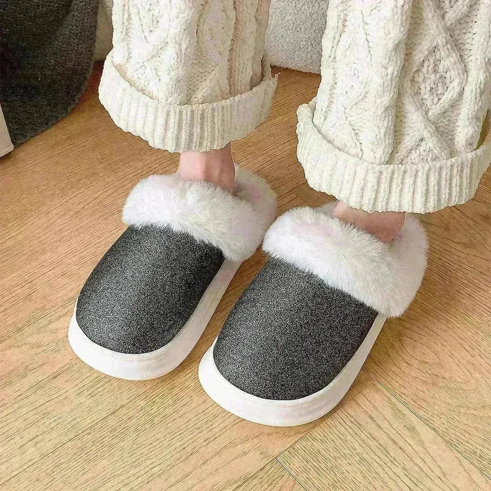 Fashion Frosted Sequined Plush Slippers Winter Warm Home Indoor Non-slip Bedroom Floor Fuzzy Slipper For Couple Women House Shoes - EX-STOCK CANADA