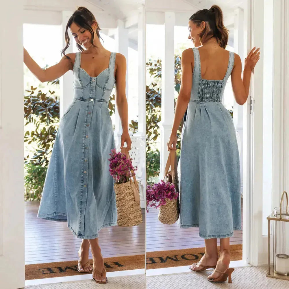 Women's sleeveless Denim Buckle Strap Midi maxi Dress - EX-STOCK CANADA