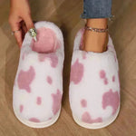 Lindas zapatillas de peluche manchadas de vaca invierno tibio cálido sin deslizamiento de la habitación del dormitorio fuzzy pareja para mujeres zapatos de casa