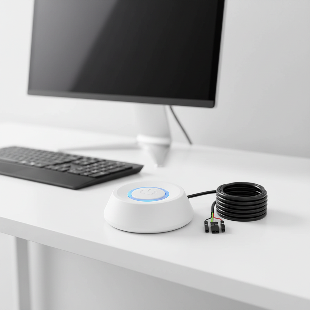 A white circular electronic device with a blue ring around its power button, placed on a white desk next to a coiled black cable and connectors, with a blurred computer monitor and keyboard in the background.