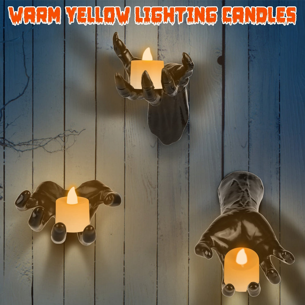3Pcs Creepy Reaching Hands With Lighted Candles Wall Mounted Halloween Decoration Witch Devil Hand Aesthetic Goth Gothic Life Sized Horror Hands Hanging Sculpture EX-STOCK