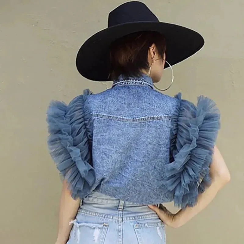 Single Breasted Lapel Frayed denim jacket Clothing top women
