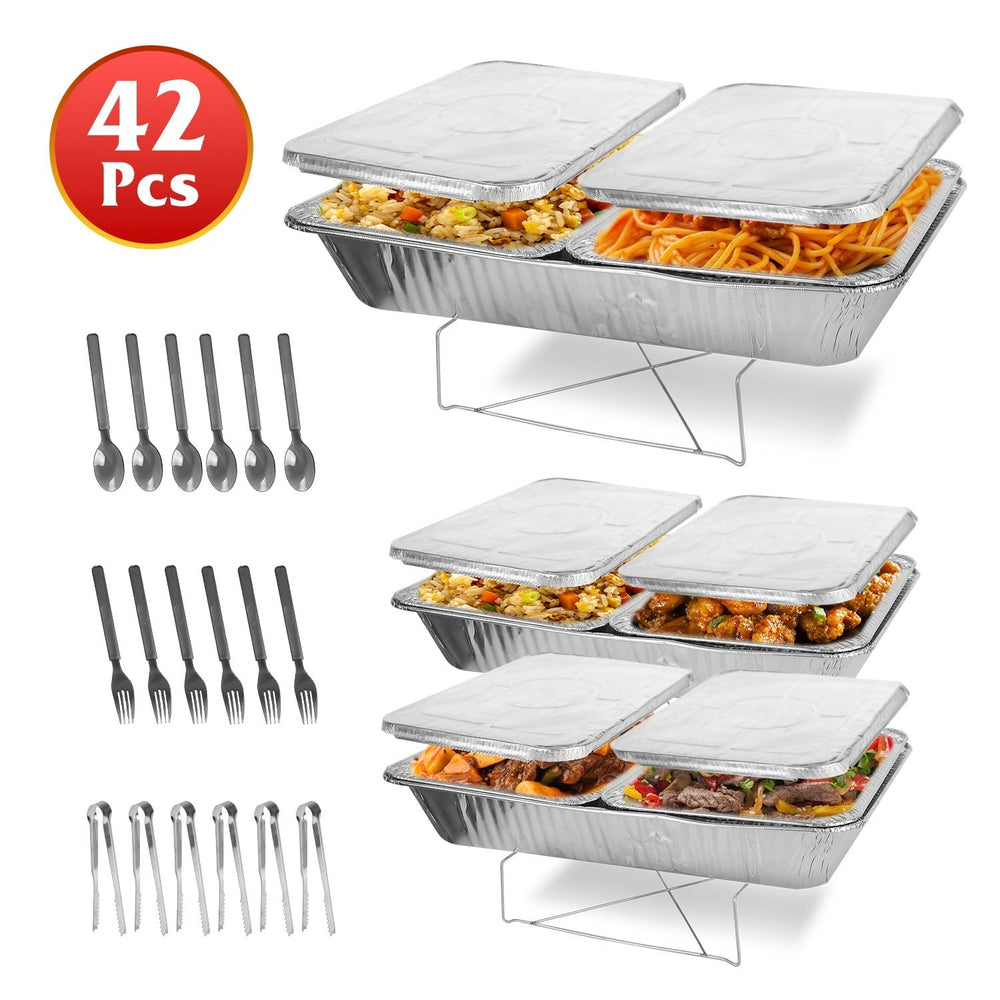 42Pcs Serve 6 Guests Disposable Chafing Dish Buffet Set Chafing Servers With Covers Spoons Forks Tongs Full-Size Pans Food Warmers For Parties Events Catering Supplies With Utensils And Lids EX-STOCK