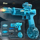 Blue toy gun with components displayed on a dark background