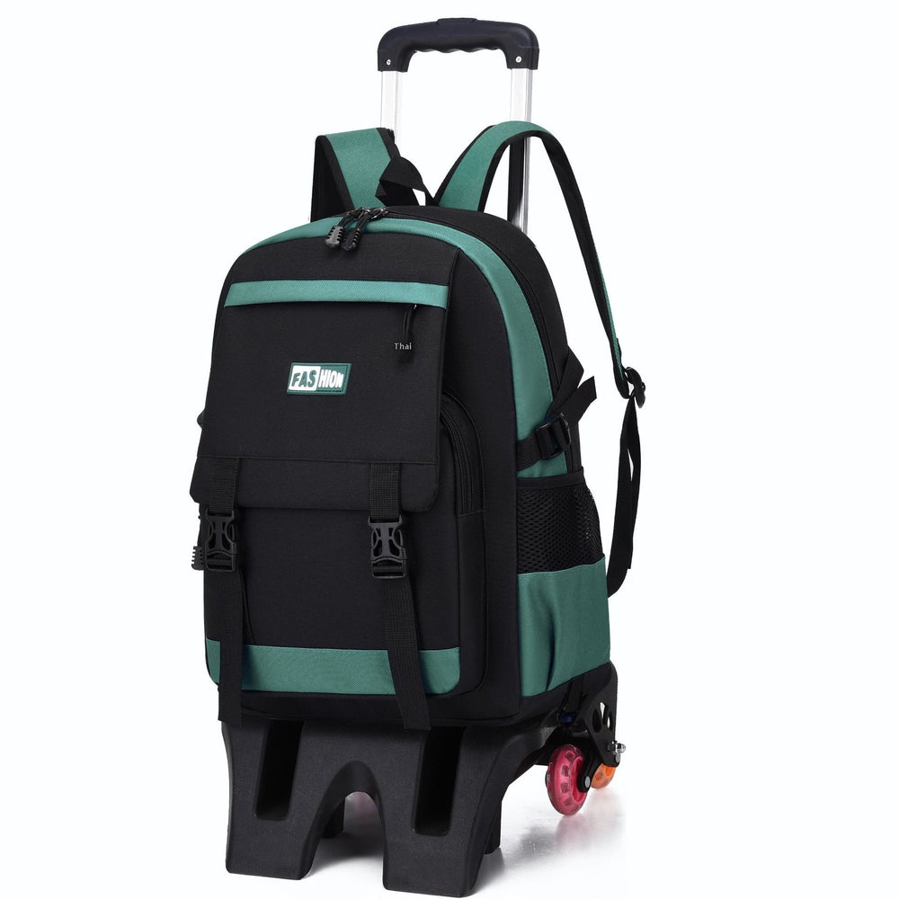 Black and green backpack with wheels on a white background