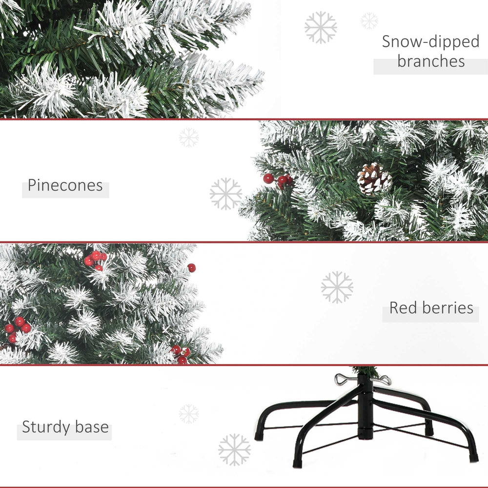 6ft Decorated Christmas Tree With Red Berries And Pine Cones, Flocked Christmas Tree With Pencil Shape, Green EX-STOCK Canada 