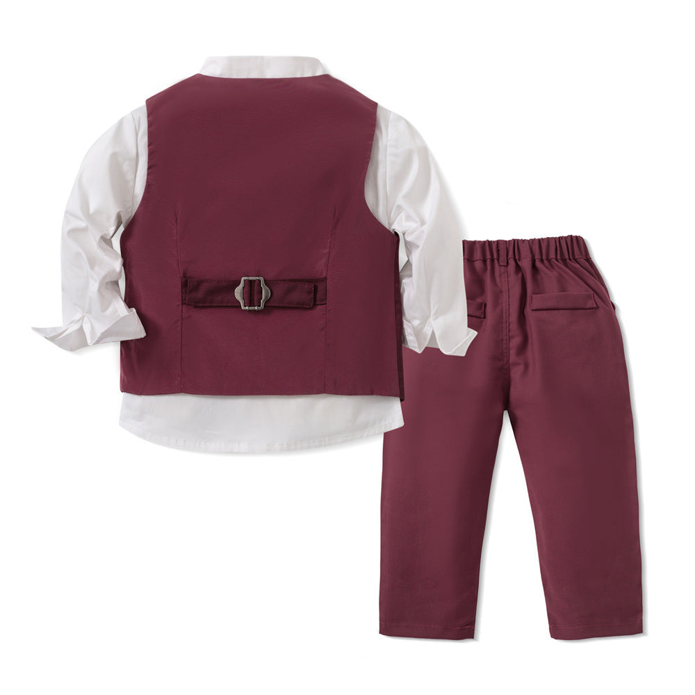Children's outfit with maroon vest and pants on a white background